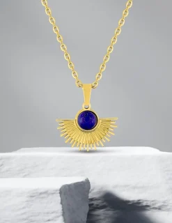 Collier pendentif acier doré et lapis-lazuli bleu 45cm SO OR
