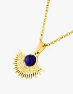 Collier pendentif acier doré et lapis-lazuli bleu 45cm SO OR