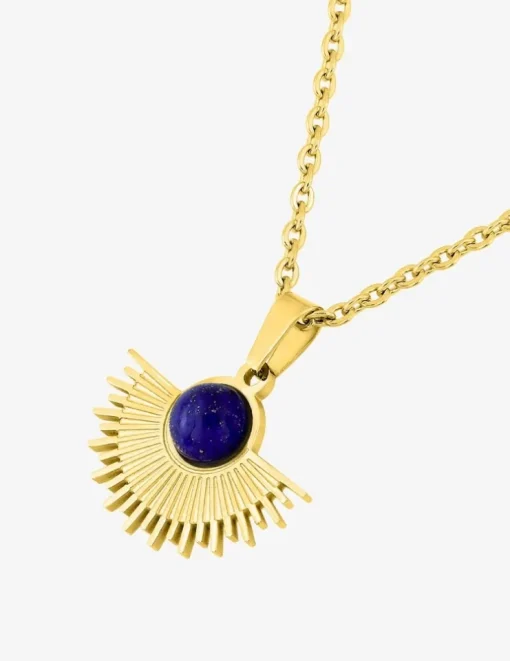 Collier pendentif acier doré et lapis-lazuli bleu 45cm SO OR