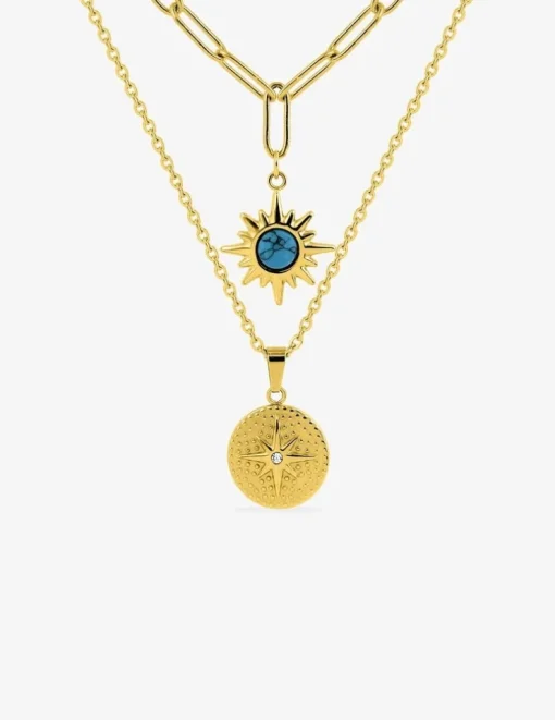 Collier pendentif double en acier doré et turquoise synthétique SO OR