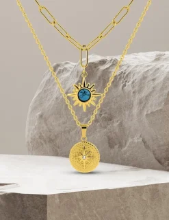 Collier pendentif double en acier doré et turquoise synthétique SO OR