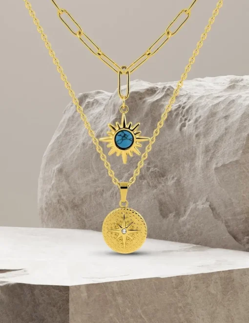 Collier pendentif double en acier doré et turquoise synthétique SO OR