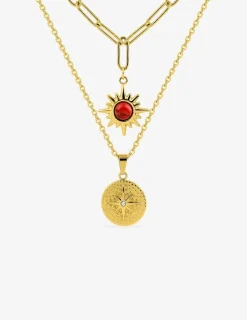 Collier pendentif double en acier doré et turquoise rouge synthétique SO OR