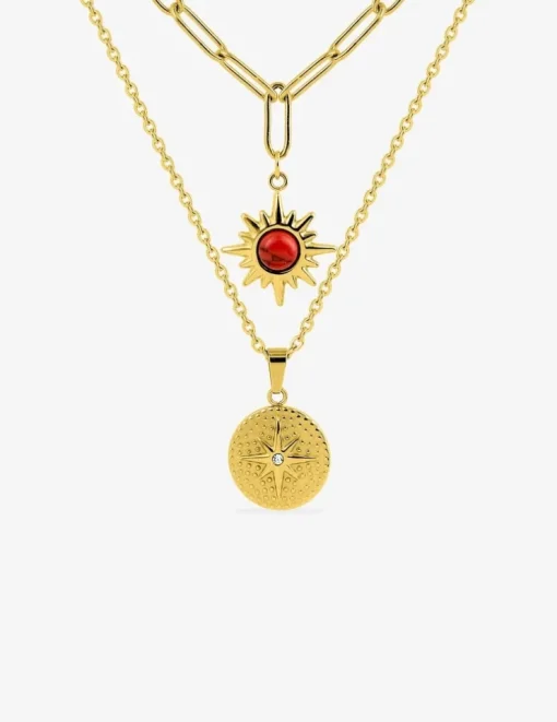Collier pendentif double en acier doré et turquoise rouge synthétique SO OR