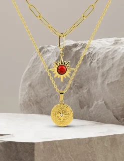 Collier pendentif double en acier doré et turquoise rouge synthétique SO OR