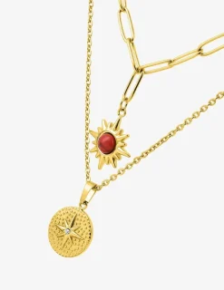 Collier pendentif double en acier doré et turquoise rouge synthétique SO OR