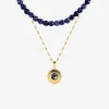 Collier pendentif double acier doré et lapis-lazuli bleu, chaine fantaisie SO OR