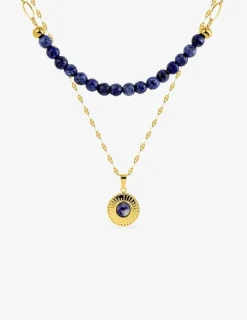 Collier pendentif double acier doré et lapis-lazuli bleu, chaine fantaisie SO OR