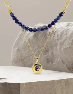 Collier pendentif double acier doré et lapis-lazuli bleu, chaine fantaisie SO OR