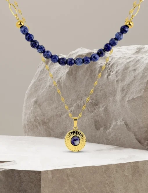Collier pendentif double acier doré et lapis-lazuli bleu, chaine fantaisie SO OR