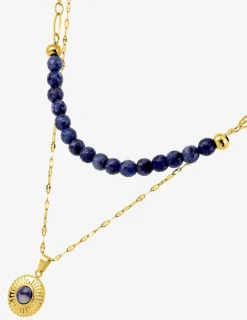 Collier pendentif double acier doré et lapis-lazuli bleu, chaine fantaisie SO OR