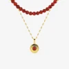 Collier pendentif double acier doré et turquoise rouge synthétique, chaine fantaisie SO OR