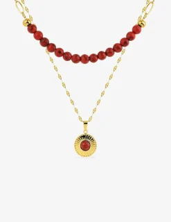 Collier pendentif double acier doré et turquoise rouge synthétique, chaine fantaisie SO OR