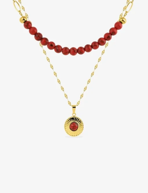 Collier pendentif double acier doré et turquoise rouge synthétique, chaine fantaisie SO OR