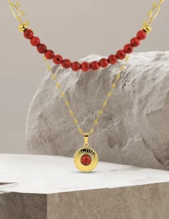 Collier pendentif double acier doré et turquoise rouge synthétique, chaine fantaisie SO OR