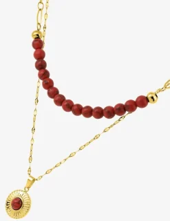 Collier pendentif double acier doré et turquoise rouge synthétique, chaine fantaisie SO OR