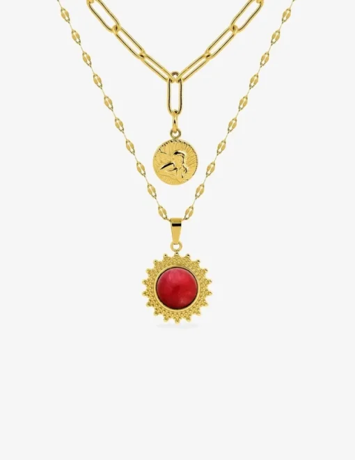 Collier pendentif double acier doré et agate rouge SO OR
