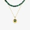 Collier pendentif double acier doré et malachite synthétique, chaine fantaisie SO OR