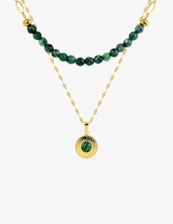 Collier pendentif double acier doré et malachite synthétique, chaine fantaisie SO OR