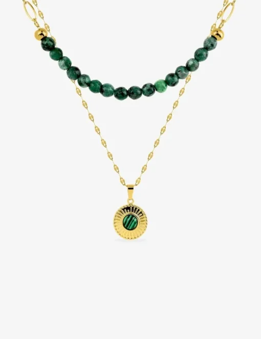 Collier pendentif double acier doré et malachite synthétique, chaine fantaisie SO OR