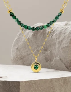 Collier pendentif double acier doré et malachite synthétique, chaine fantaisie SO OR