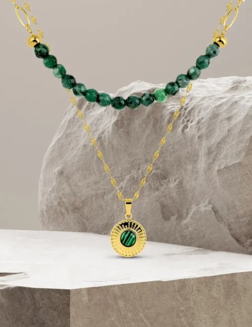 Collier pendentif double acier doré et malachite synthétique, chaine fantaisie SO OR