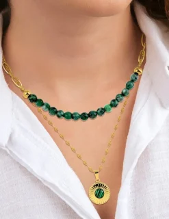 Collier pendentif double acier doré et malachite synthétique, chaine fantaisie SO OR