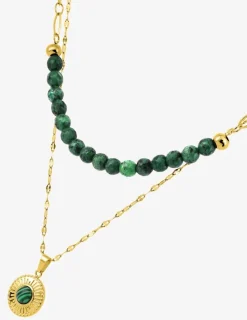 Collier pendentif double acier doré et malachite synthétique, chaine fantaisie SO OR