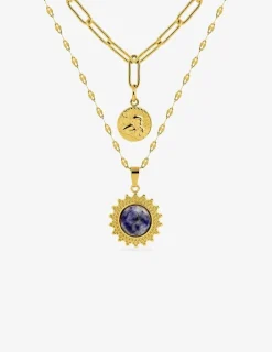 Collier pendentif double acier doré et lapis-lazuli bleu SO OR