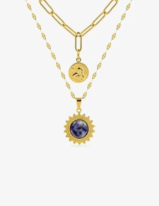 Collier pendentif double acier doré et lapis-lazuli bleu SO OR