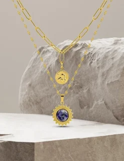 Collier pendentif double acier doré et lapis-lazuli bleu SO OR