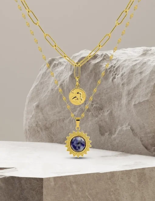 Collier pendentif double acier doré et lapis-lazuli bleu SO OR