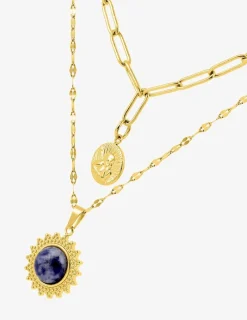 Collier pendentif double acier doré et lapis-lazuli bleu SO OR
