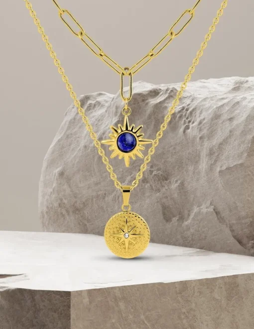 Collier pendentif double en acier doré et lapis-lazuli bleu synthétique SO OR