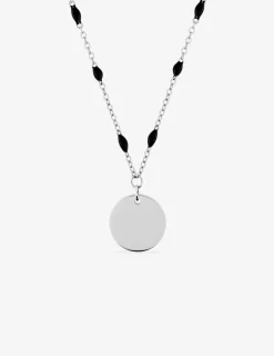 Collier pendentif fantaisie noir et acier, plaque ronde SO OR