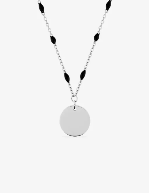 Collier pendentif fantaisie noir et acier, plaque ronde SO OR