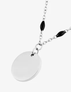 Collier pendentif fantaisie noir et acier, plaque ronde SO OR