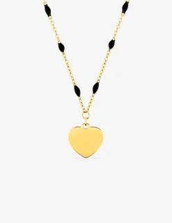 Collier pendentif fantaisie noir et acier doré, motif plaque cœur SO OR