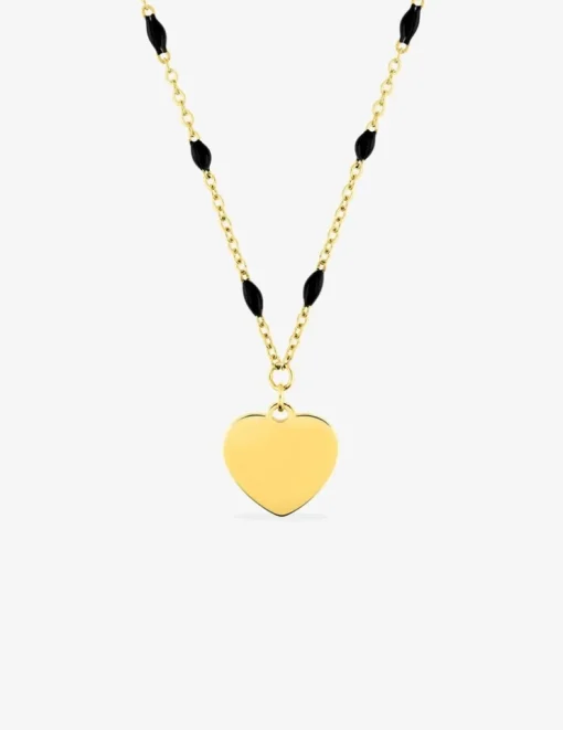 Collier pendentif fantaisie noir et acier doré, motif plaque cœur SO OR