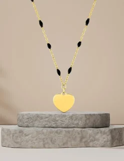 Collier pendentif fantaisie noir et acier doré, motif plaque cœur SO OR