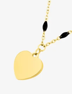 Collier pendentif fantaisie noir et acier doré, motif plaque cœur SO OR