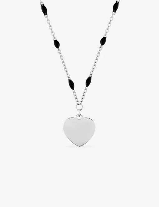 Collier pendentif fantaisie noir et acier, motif plaque cœur SO OR