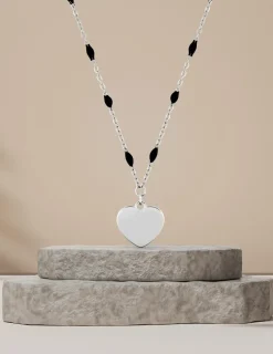Collier pendentif fantaisie noir et acier, motif plaque cœur SO OR