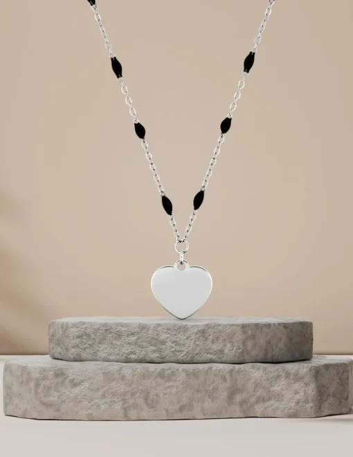 Collier pendentif fantaisie noir et acier, motif plaque cœur SO OR