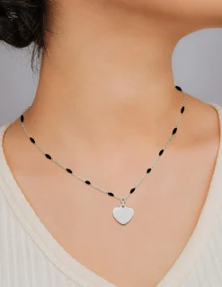 Collier pendentif fantaisie noir et acier, motif plaque cœur SO OR