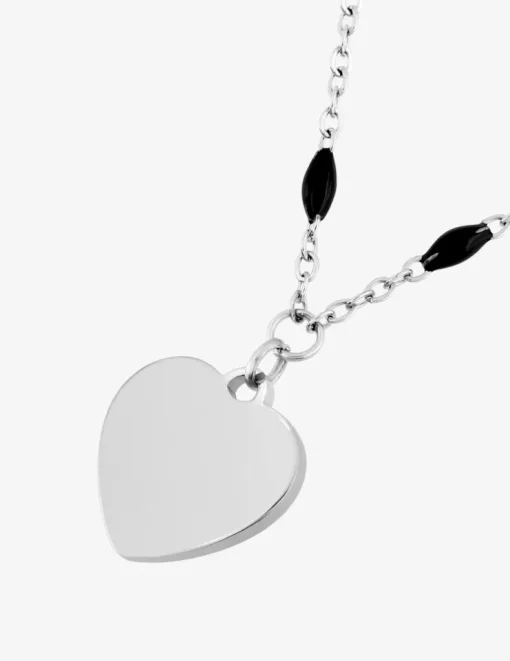 Collier pendentif fantaisie noir et acier, motif plaque cœur SO OR
