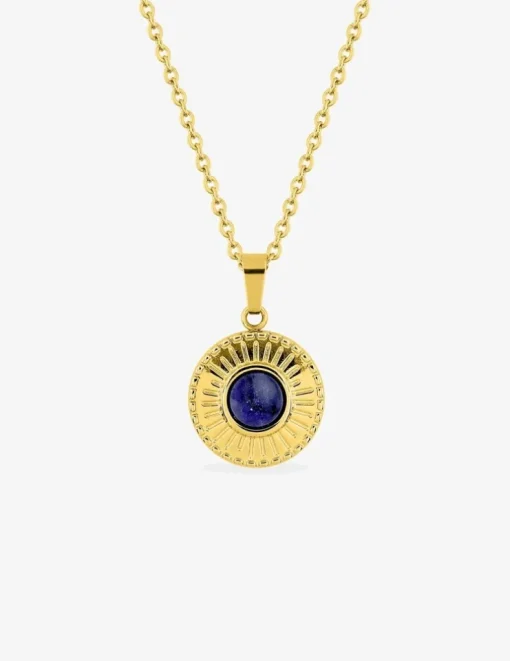 Collier pendentif fantaisie acier doré, motif et lapis-lazuli bleu SO OR