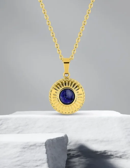 Collier pendentif fantaisie acier doré, motif et lapis-lazuli bleu SO OR