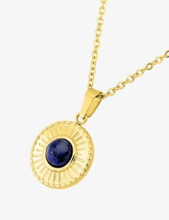 Collier pendentif fantaisie acier doré, motif et lapis-lazuli bleu SO OR