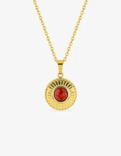 Collier pendentif fantaisie acier doré, motif et turquoise rouge synthétique SO OR